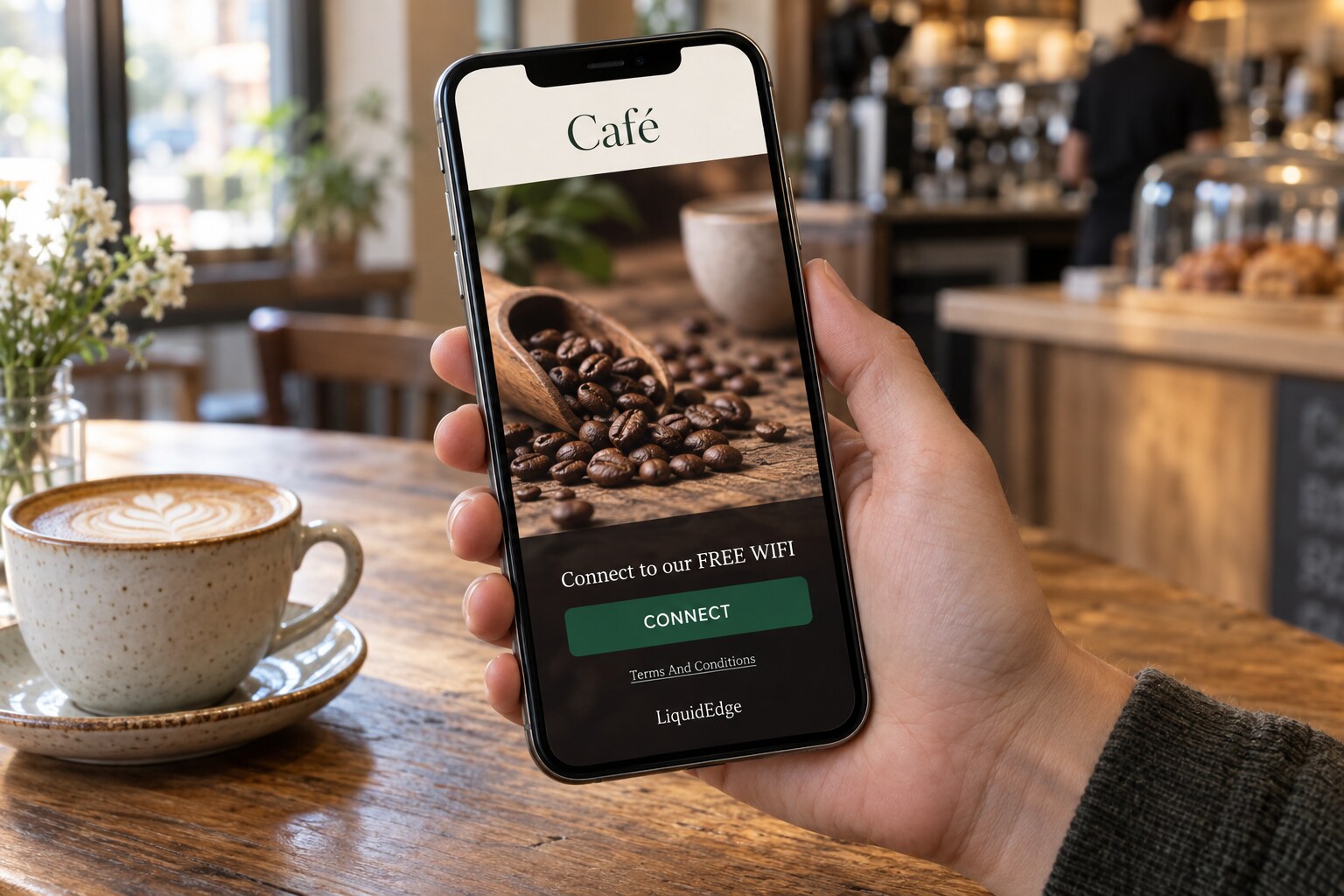 A hand holding a phone with a café guest Wi-Fi welcome screen, beside a coffee cup in a café.