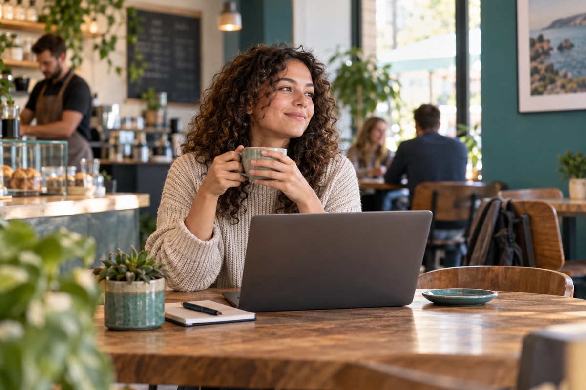 Woman holding a cup while seated with a laptop at a café table.