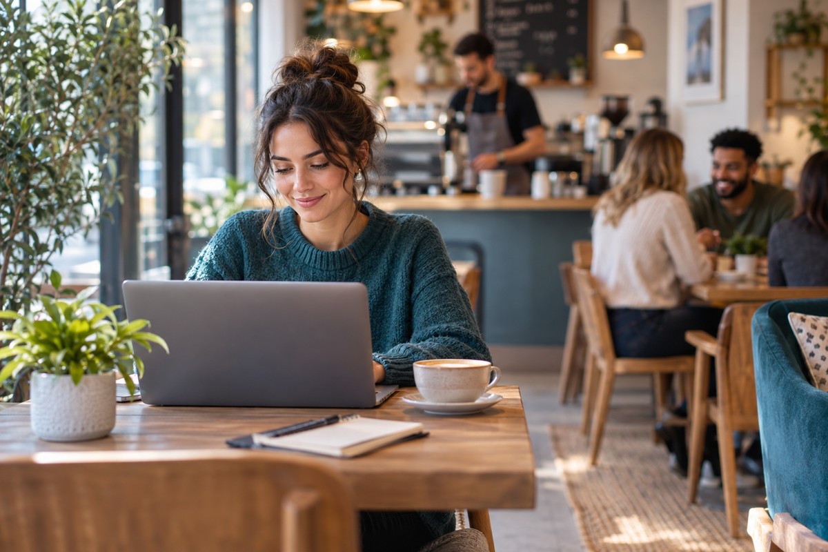 A woman uses a laptop at a table in a busy café, with a cup of coffee, notebook, other guests, and a barista in the background.